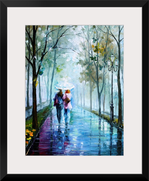 Vertical painting of two people walking in the rain with an umbrella on a path lined with trees.