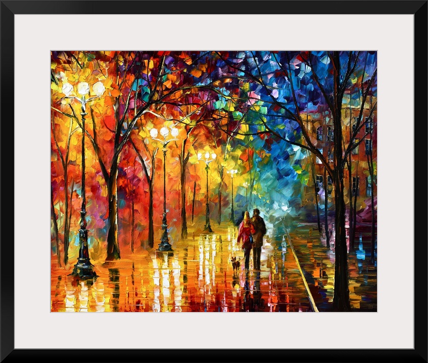 Contemporary landscape art work of a couple strolling down a city street at night with street lights illuminating wet pave...