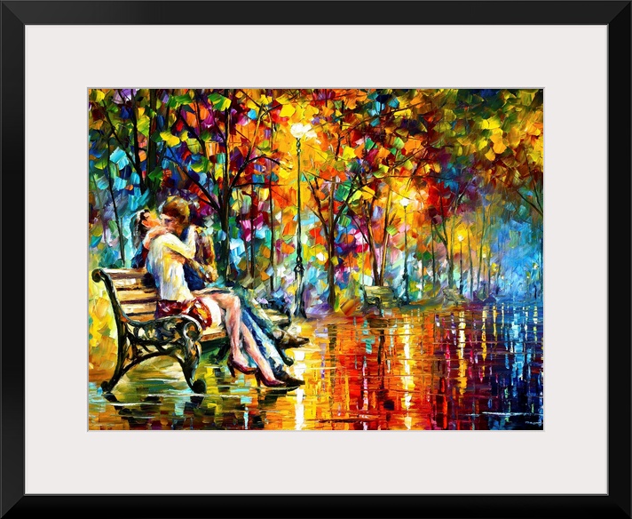 Classical painting of couple kissing on park bench at night after a rain.  The bench is on a stone path lined by colorful ...