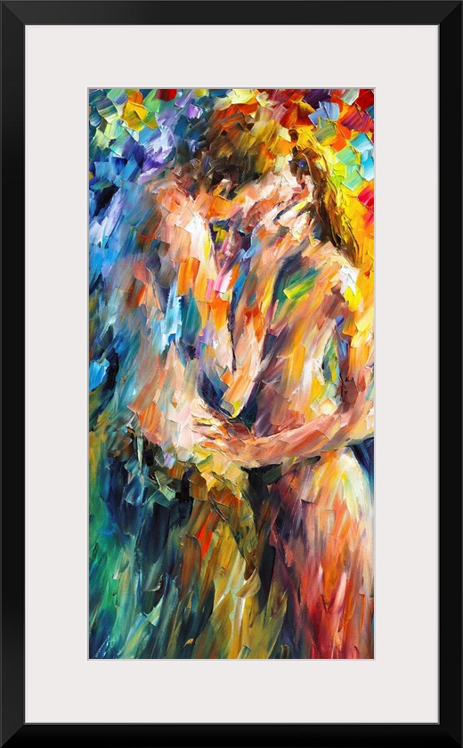 A contemporary vertical painting of two nude figures embracing; this painting has been created with broad abstract brushst...