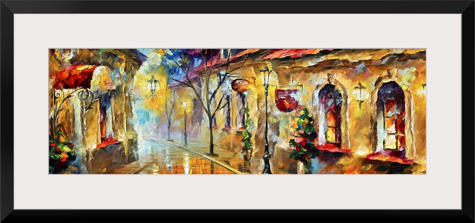 This energetically painted scene shows a fanciful city street in the early morning light on panoramic shaped decorative wa...