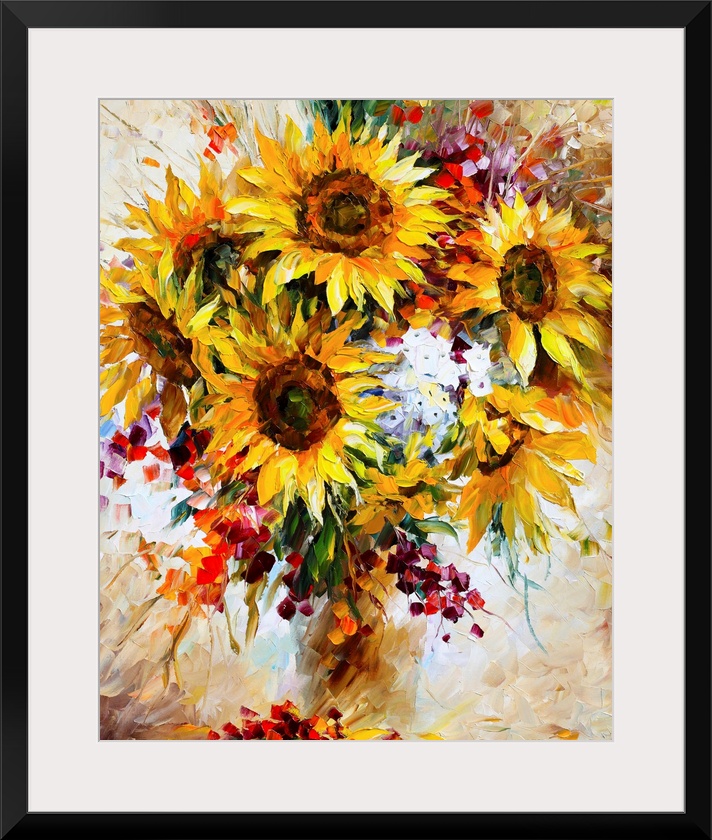 Boldly colored contemporary painting of a bouquet of sunflowers and other florals in a vase.