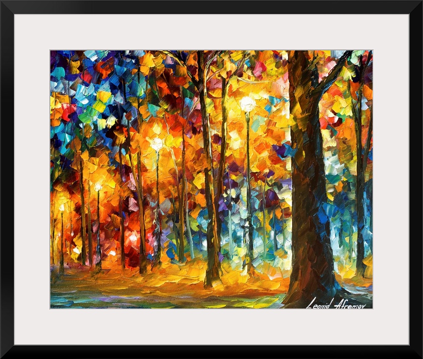 Contemporary colorful painting of a line of trees and light posts illuminated in the evening.