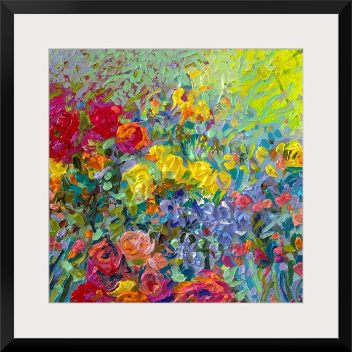 Brightly colored contemporary artwork of a field of flowers.