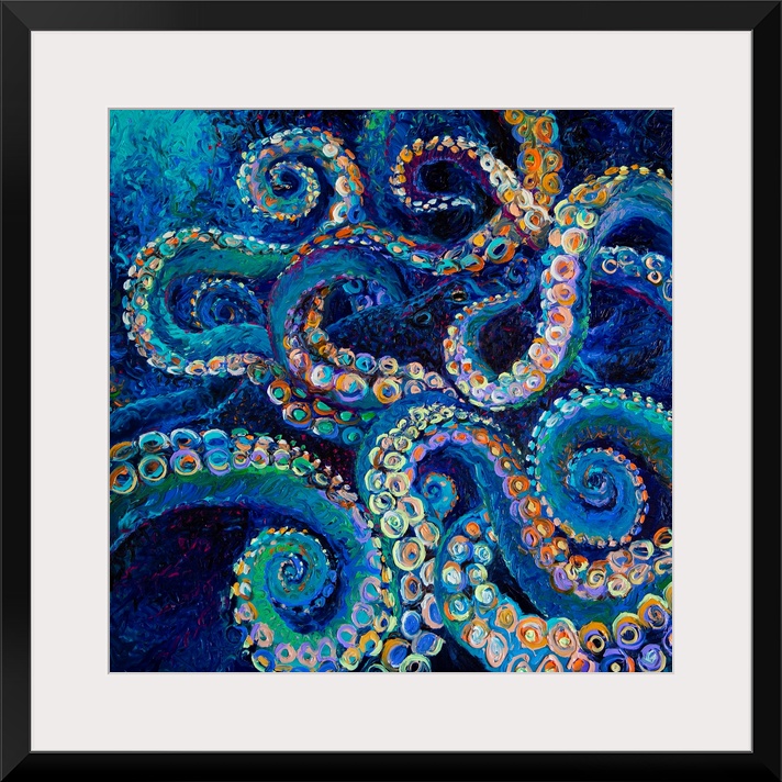 Brightly colored contemporary artwork of a blue octopus.