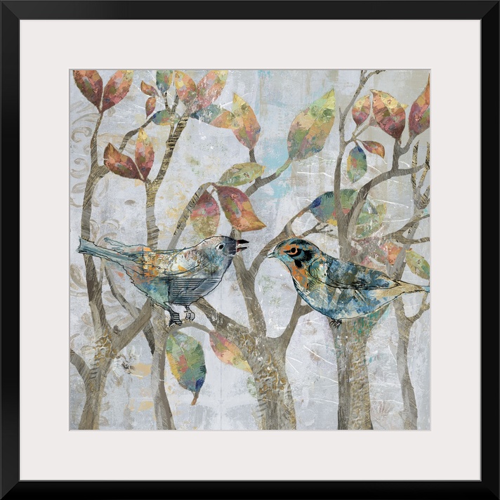 A mixed media painting of two birds perched on tree limbs with hints of gold accents.