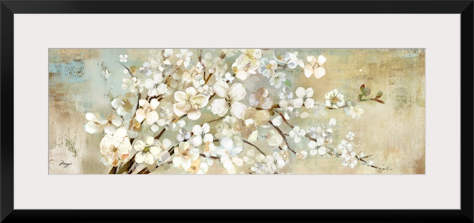 A panoramic painting of a branch of white blossoms against a neutral backdrop.