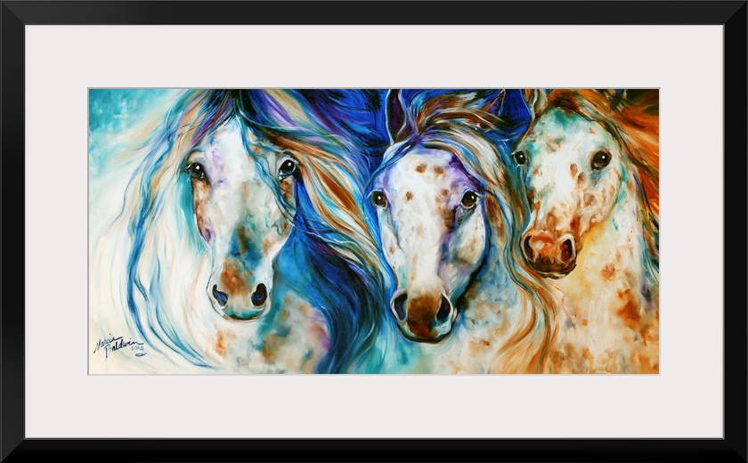 Panoramic painting of three Appaloosa horses with playful hues and beautifully flowing manes.