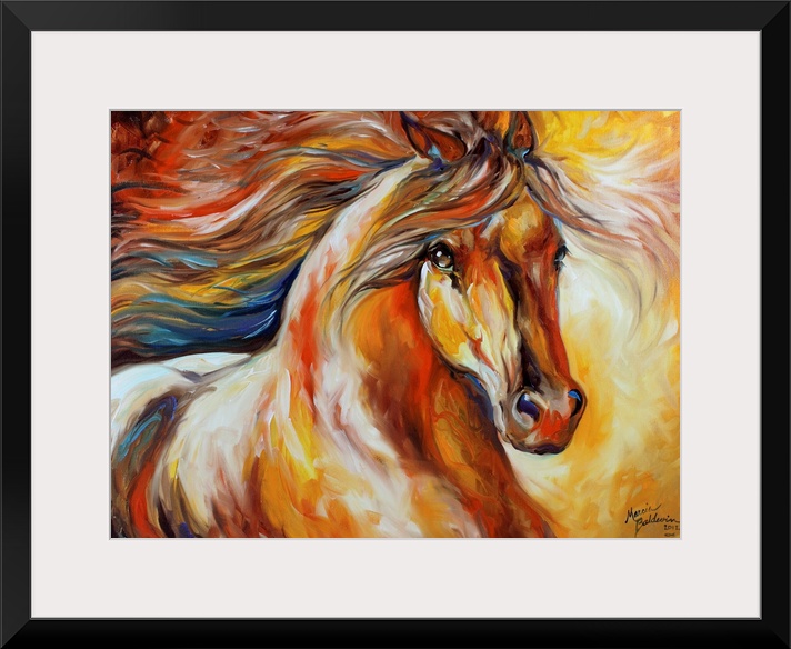 Contemporary painting of a horse in action with a flowing mane.