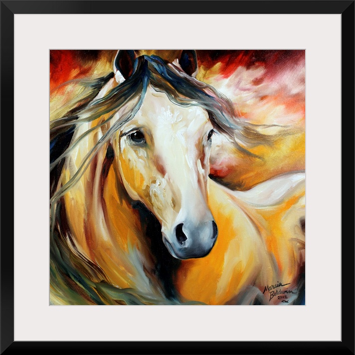 Square painting of a horse with a dark flowing mane on a yellow, red, and white background.