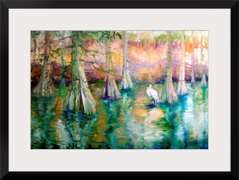 Contemporary landscape painting of a scene from the Louisiana bayous with a white heron and cypress trees in a swamp with ...