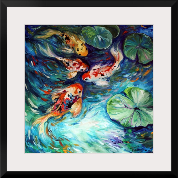 Square painting of four koi fish in a pond with lily pads and curved brushstrokes.