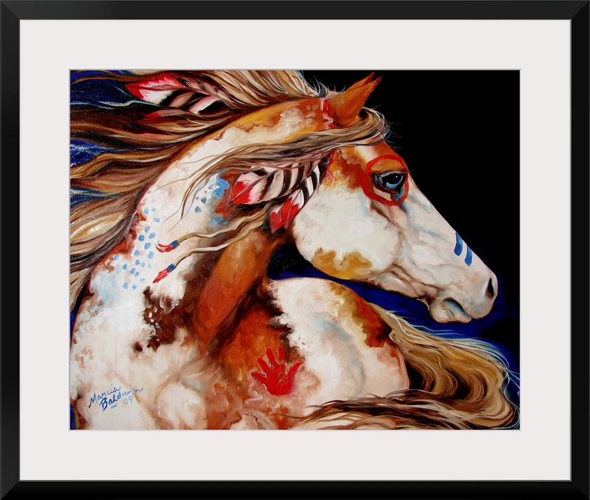Contemporary painting of an Indian War Horse with painted markings and feathers in its mane.