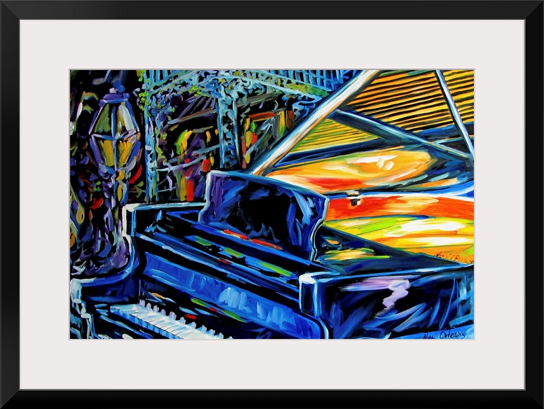 This is a painting of a grand piano with the New Orleans jazz feeling of fun.