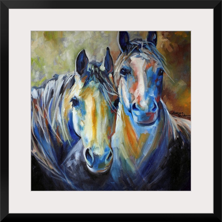 Painting of two horses standing side by side in earth tones on a square background.