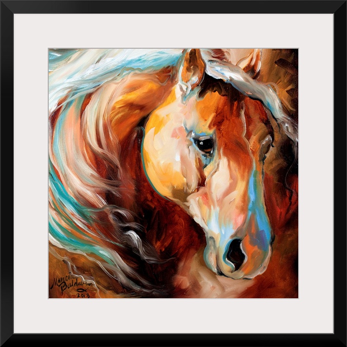 Square painting of a brown toned horse with blue highlights.