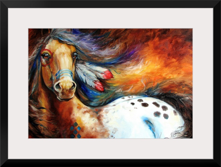 Contemporary painting depicting the bold spirit of the equine appaloosa with feathers in its mane and war paint all over i...