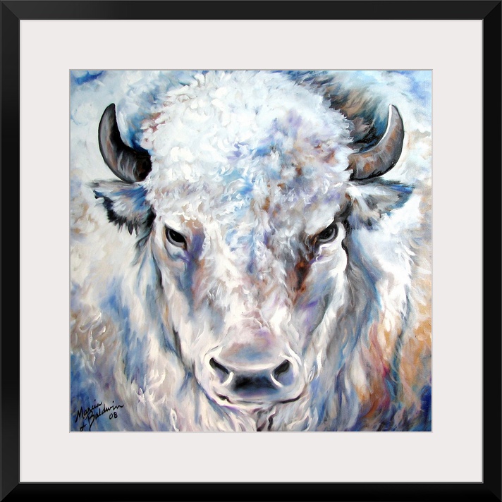 Square painting of a white buffalo created with cool tones and small brushstrokes for texture in the fur.
