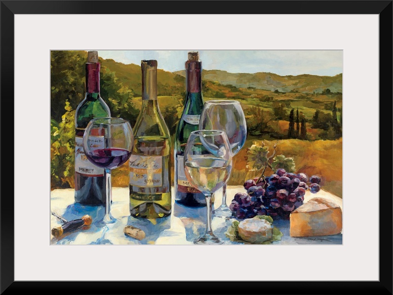 Wall art that is a hybrid still life and landscape painting of cheese, grapes, and red and white wine on display in wine c...