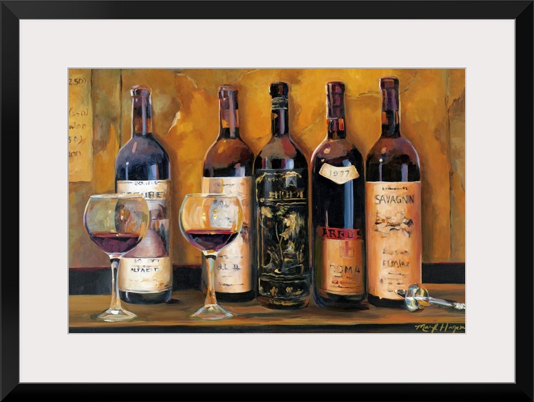 Landscape wall painting of five bottles of red wine with two full wine glasses sitting on a countertop in front of an old ...