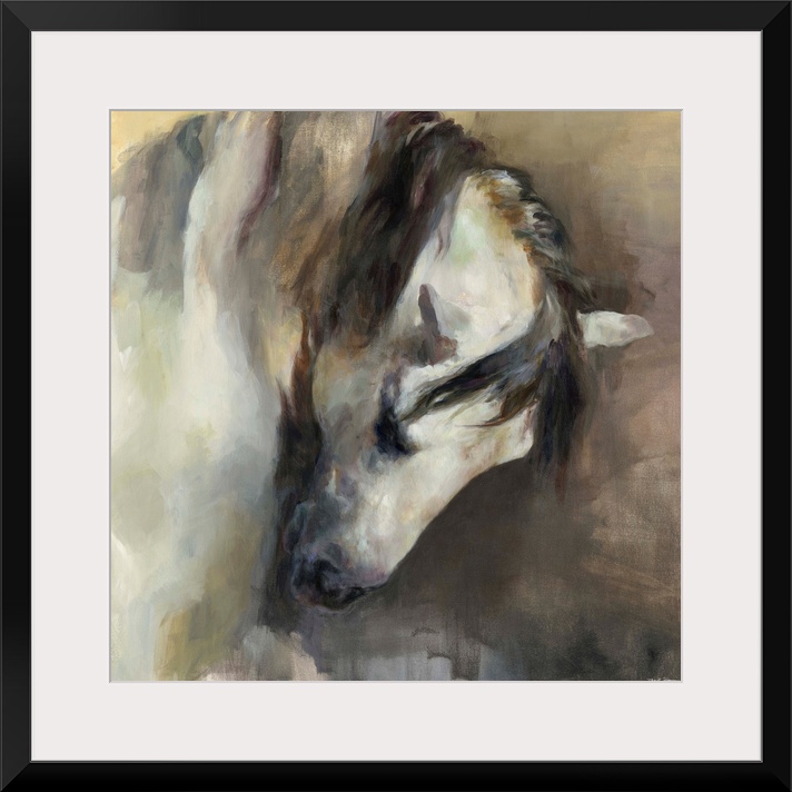 Square abstract painting of a horse in neutral colors.