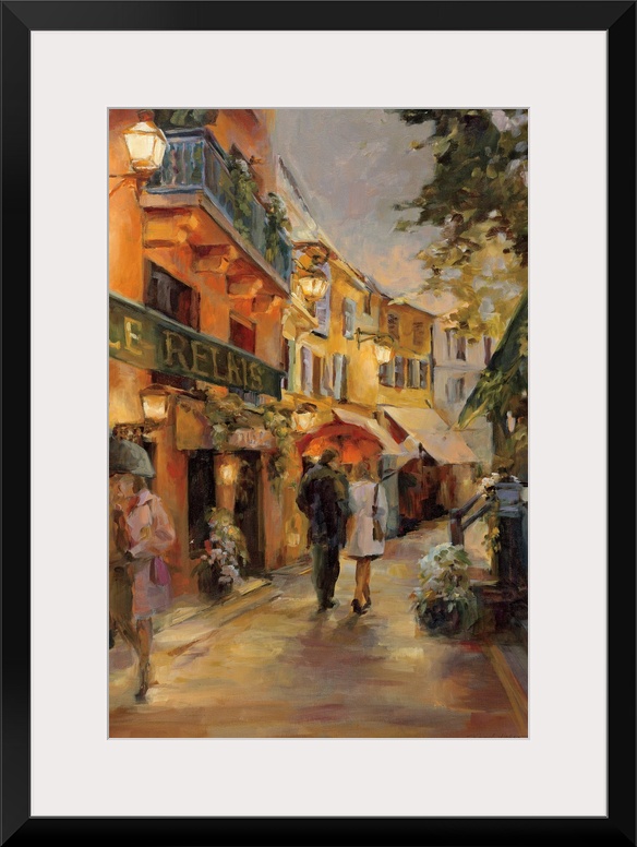 Vertical, contemporary painting of a couple walking through the rain under an umbrella down a winding Parisian street.