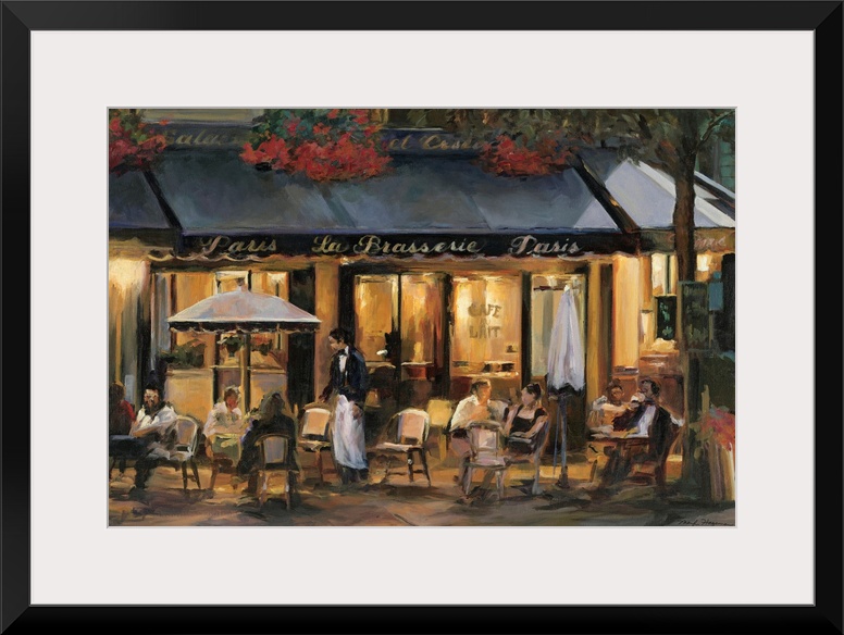 Cafo patrons sit at tables outside in the soft glow of the Parisian evening light. This is a contemporary horizontal paint...