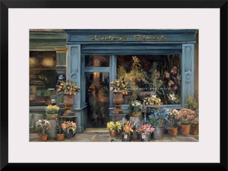 This contemporary painting depicts a French flower shop surrounded with buckets crowded with fresh blossoms.