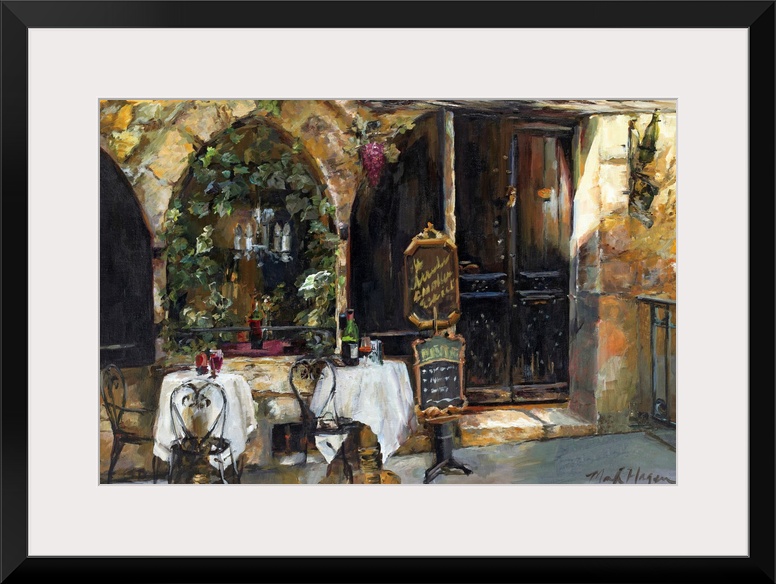 An impressionistic painting of an outdoor cafo in a rustic European city.