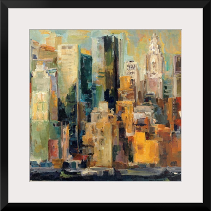 A landscape painting of New York City on a square canvas; this painting gives the impression of light reflecting off the s...