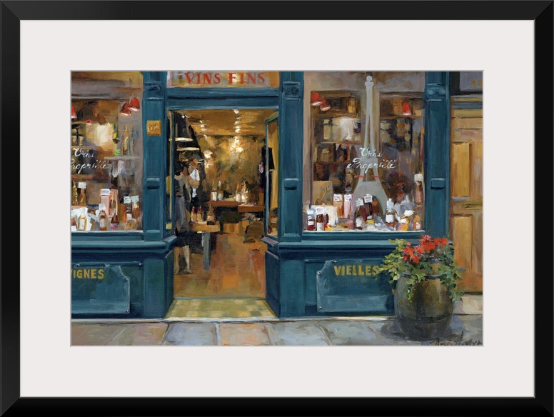 This home docor painting for the living room or kitchen shows the interior of a shop as view from the front door and the s...