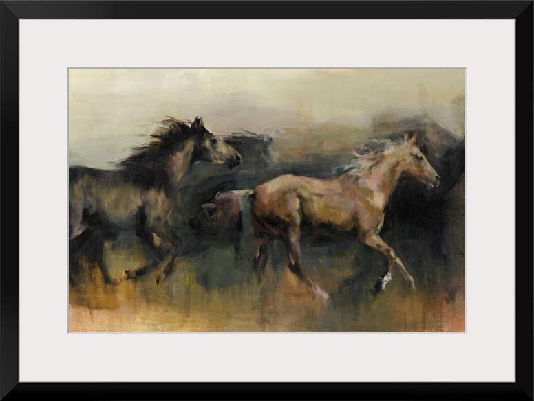 Contemporary painting of a black and a brown horse galloping in the western desert.