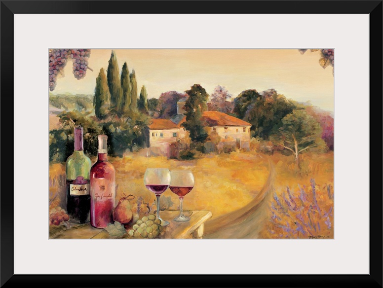 Large horizontal painting of a road leading to a Tuscan vineyard amongst groups of trees in the background.  A table of wi...
