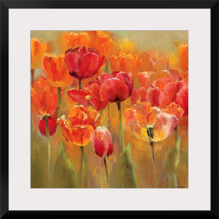 Square painting of tulips with flame colors on a neutral background.