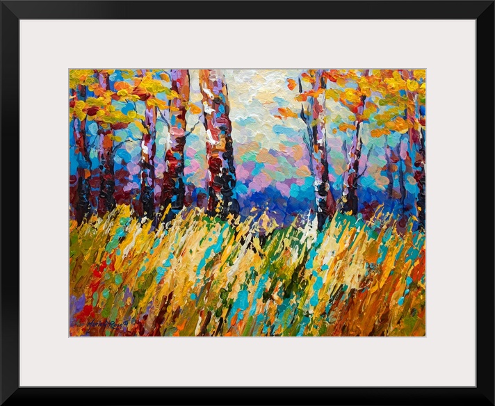 Large contemporary art portrays a set of trees sitting within a field of high grass as it gently blows in the wind.  Artis...