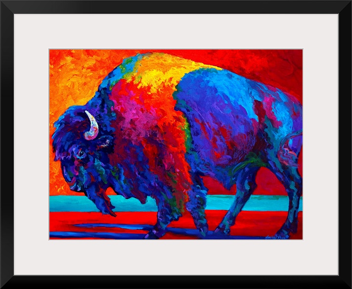 Giant contemporary art focuses on the profile of a lone humpbacked shaggy-haired wild ox through the heavy use of vibrant ...
