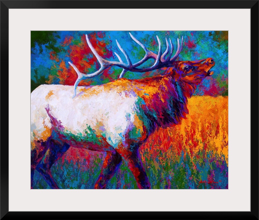 Contemporary painting of an elk with a large set of antlers done in a wide array of bold colors.