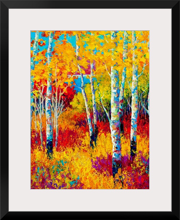 Contemporary painting of colorful fall forest with undergrowth.