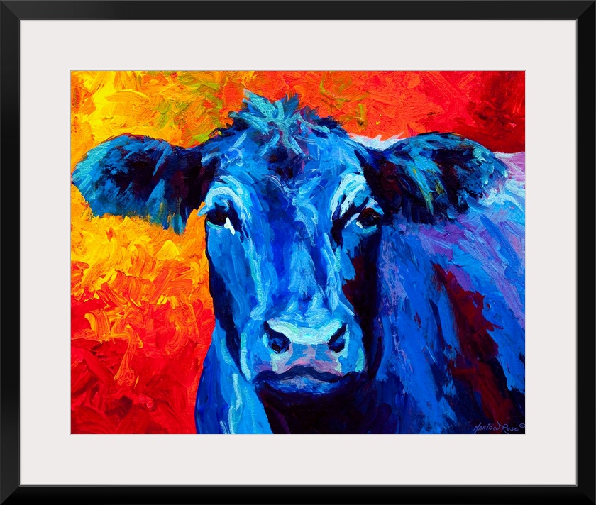 A contemporary portrait of a barn yard animal painted with bold brushstrokes and unusual colors.