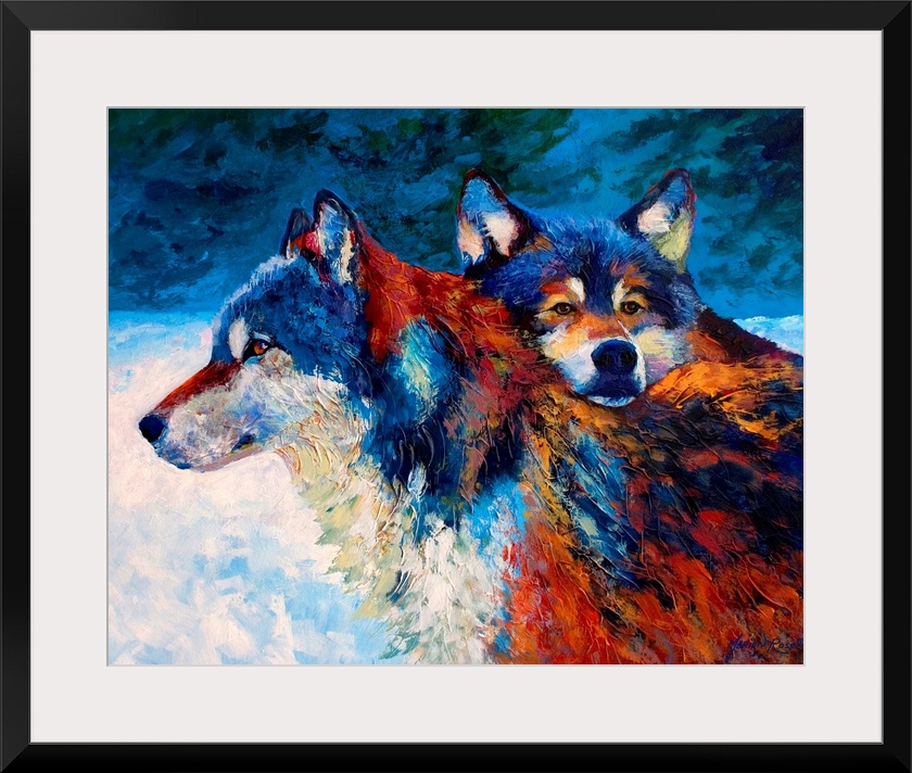 Contemporary painting of two wolves in the snow at night.