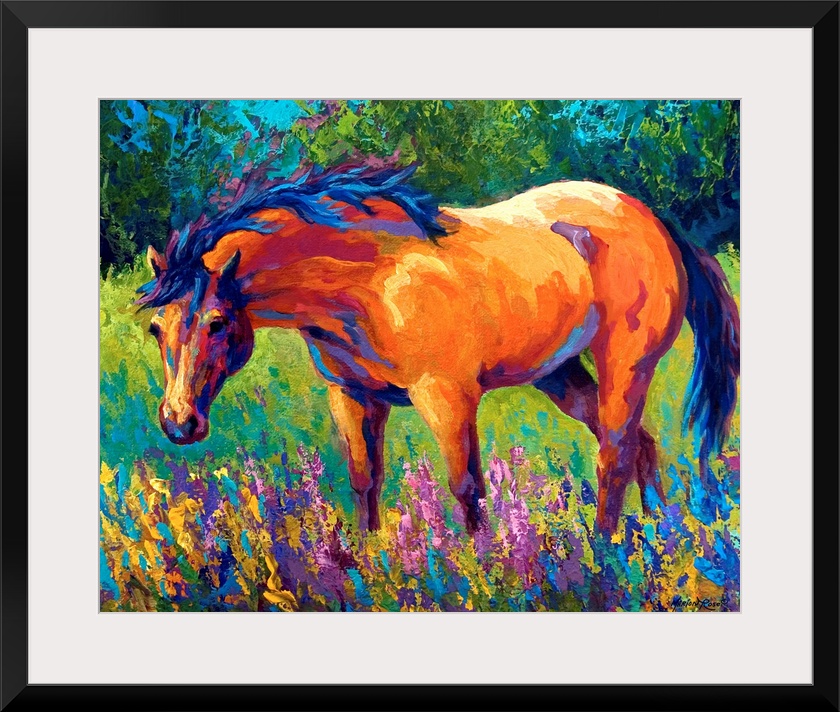 A contemporary painting of a horse gazing in the outdoors surrounded by wild flowers; this horizontal painting makes use o...