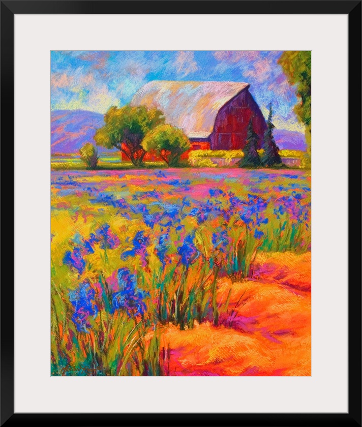 Portrait, oversized wall painting of a large field of Iris flowers, with a large barn surrounded by trees in the backgroun...