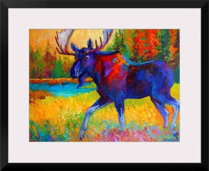 A bull moose strolls through grass near a pond in a pine forest in this contemporary painting with bright and unusual colors.