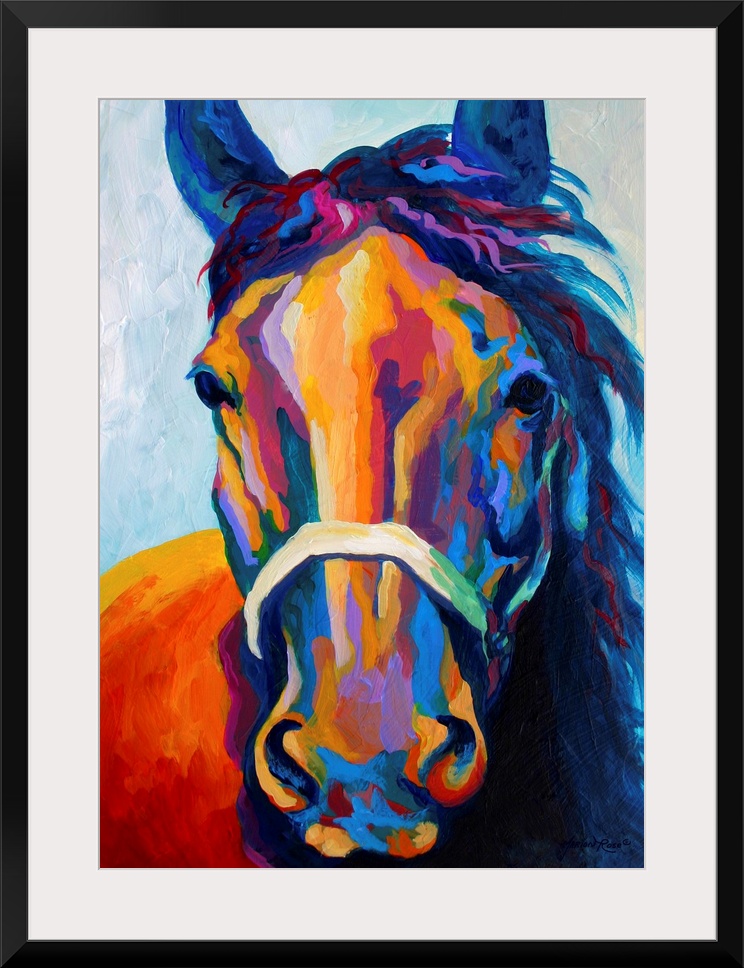 Contemporary art uses warm and cool colors to portray an up close image of a haltered horse's head whose mane is softly bl...