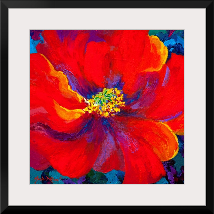 A contemporary artwork piece of a large red flower with accents of colors painted within it and a blue background.