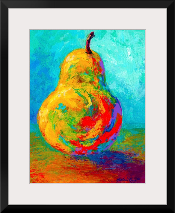 This vertical painting of a single piece of fruit balanced up right on the table uses vivid an unexpected colors to show t...