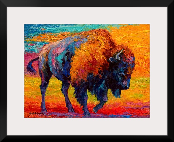 A contemporary artwork piece of a bison that uses various colors for the bison and the background.
