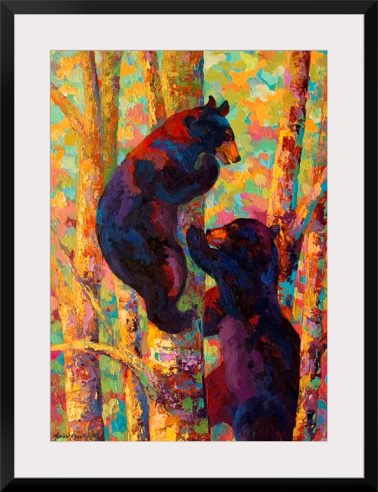 Giant, vertical painting of two bears climbing a tree, one on each side, a forest of colorful leaves and trees in the back...