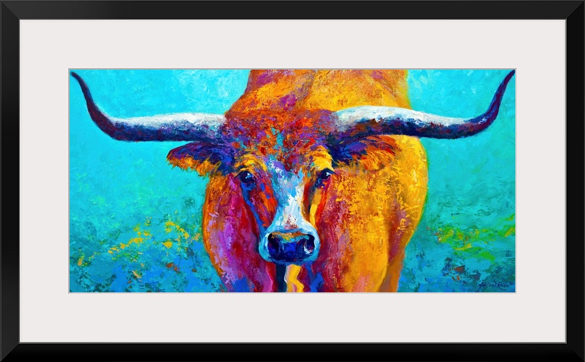 Contemporary panoramic painting of a bull with its horns extending to both ends of the image.