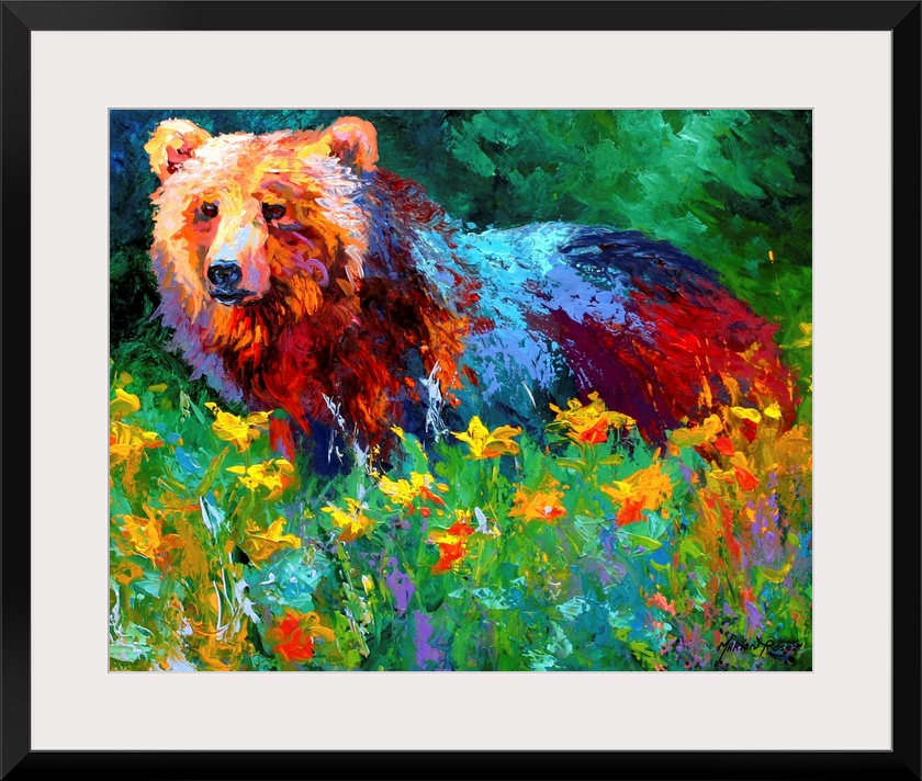 Impressionalistic painting of a large bear in the middle of a field of flowers with a forest in the background.